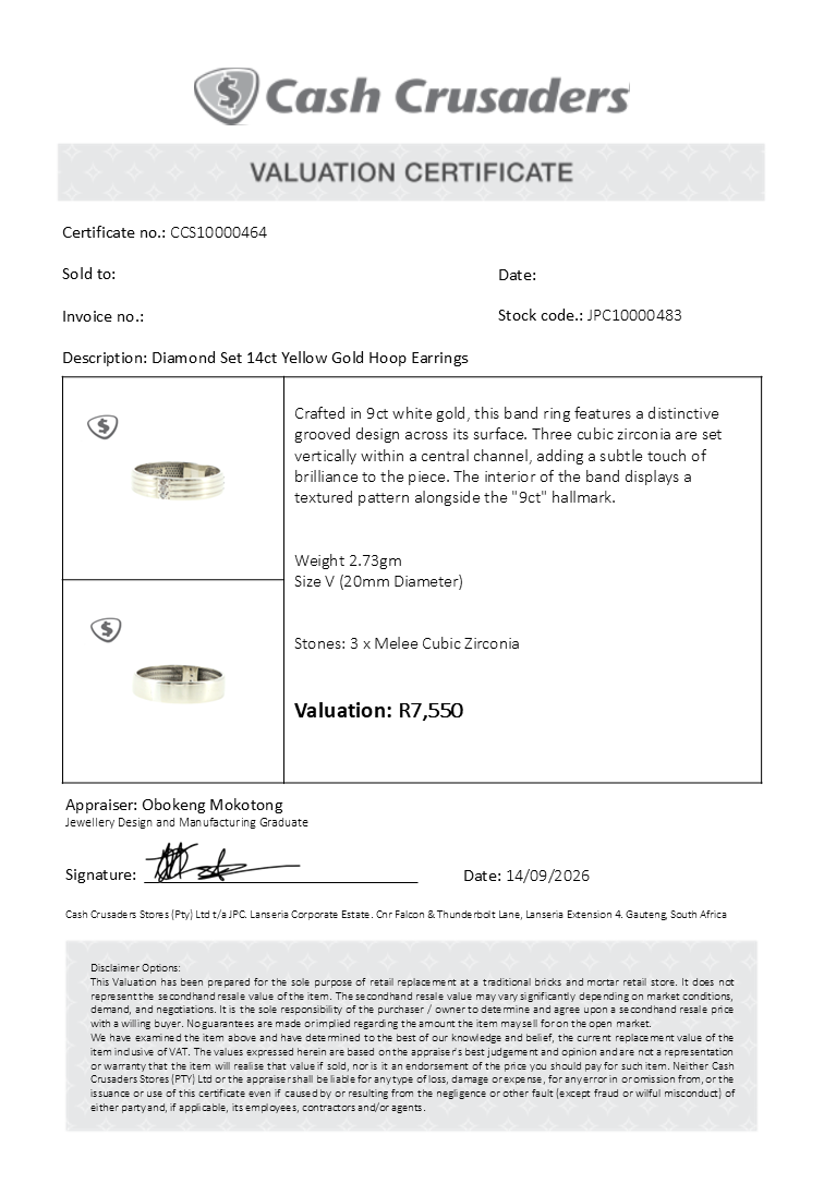 9ct White Gold Grooved Band Ring with Three Diamonds