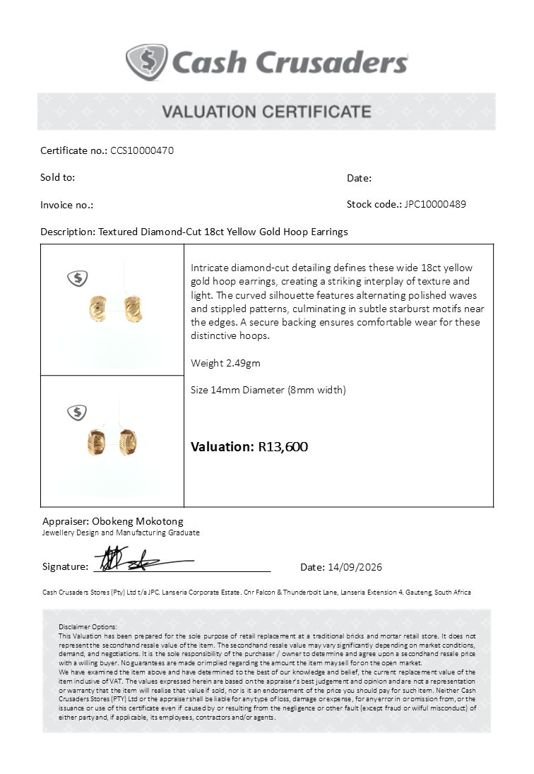 Textured Diamond-Cut 18ct Yellow Gold Hoop Earrings