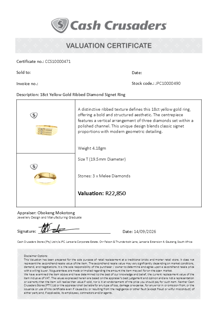 18ct Yellow Gold Ribbed Diamond Signet Ring