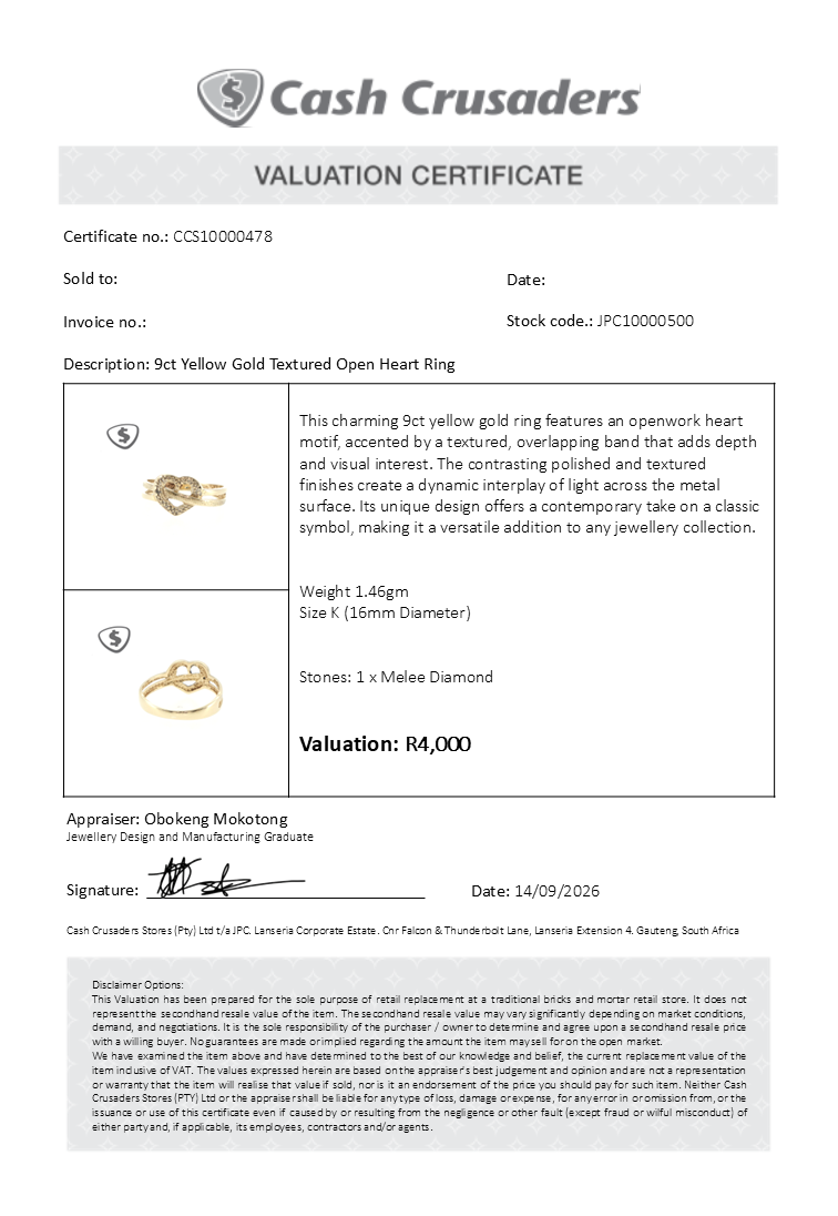 9ct Yellow Gold Textured Open Heart Ring