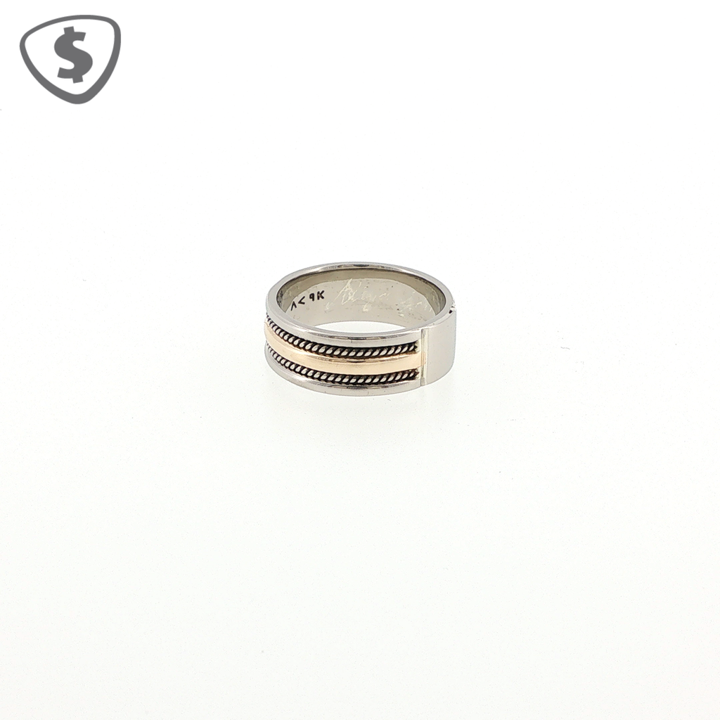 9ct Two Tone White Gold Band Ring with Rope Detailing