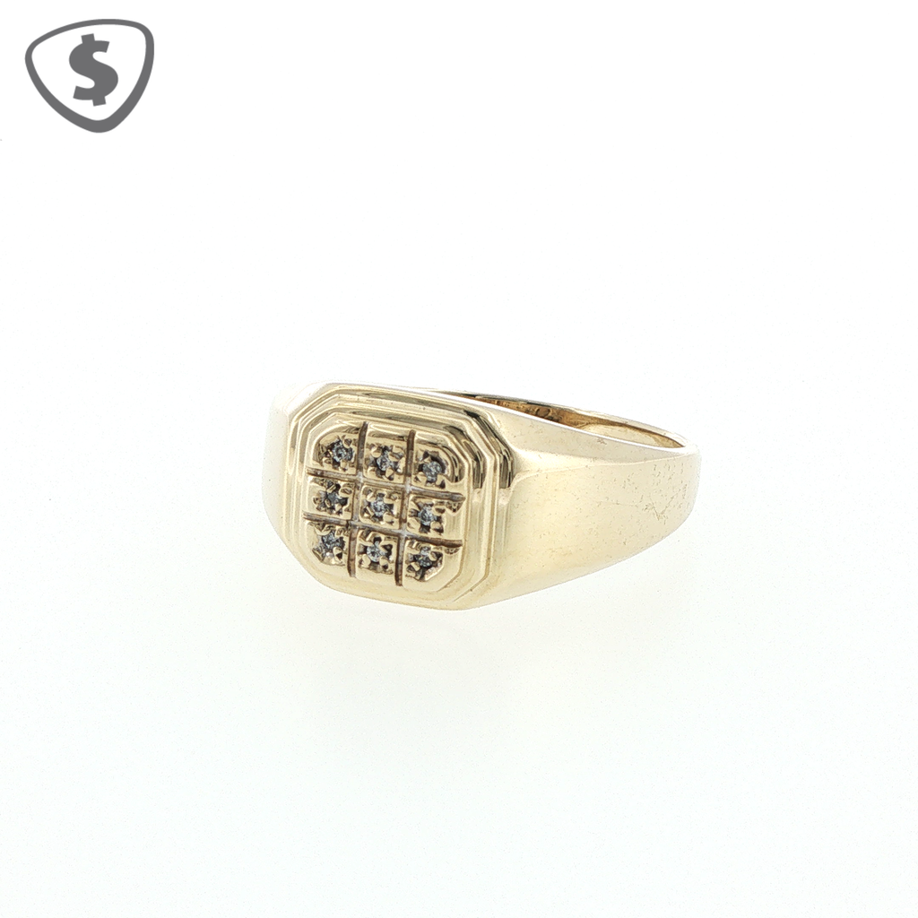 9ct Yellow Gold 9 Stone Diamond Grid Signet Ring