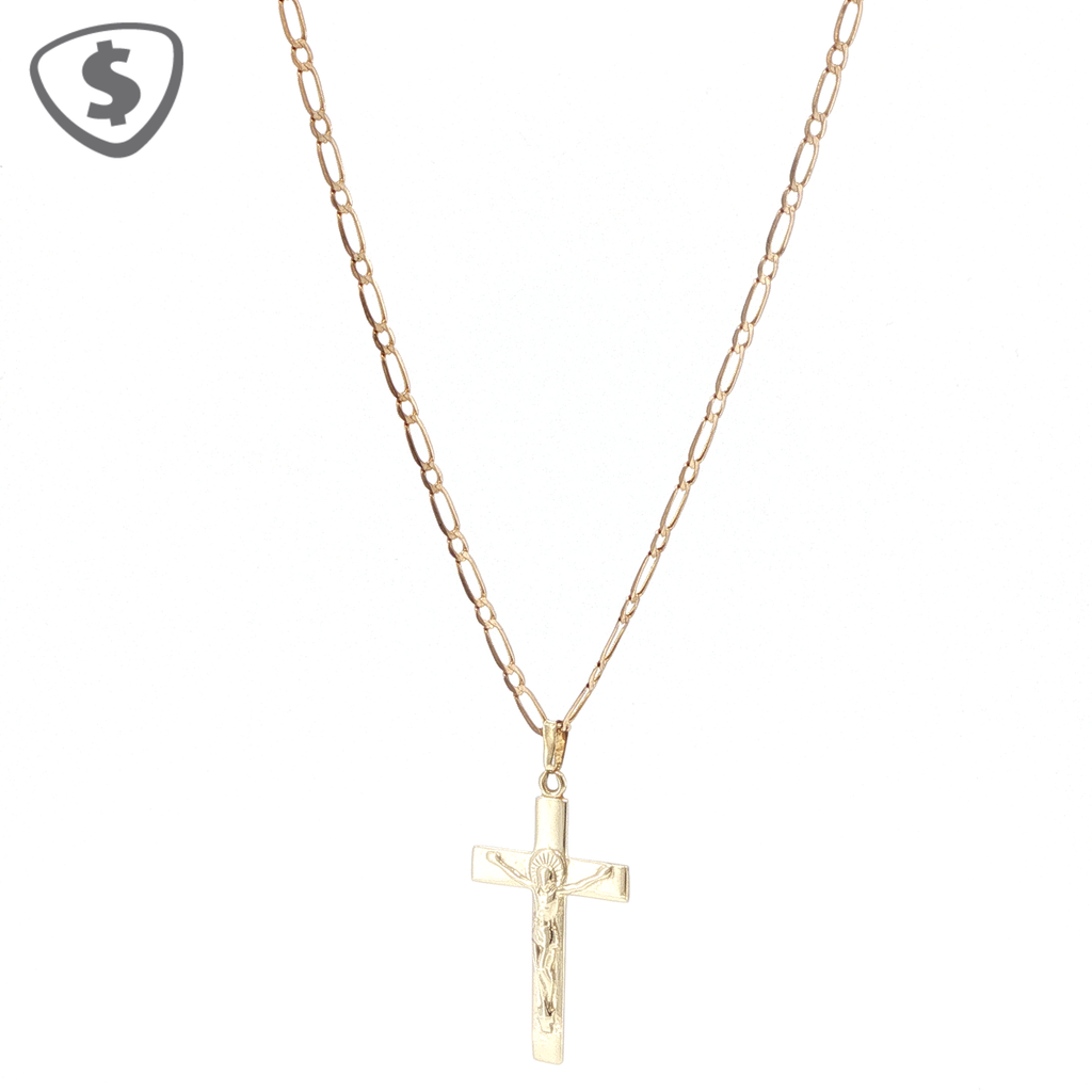 9ct Yellow Gold Crucifix Pendant on Figaro Chain