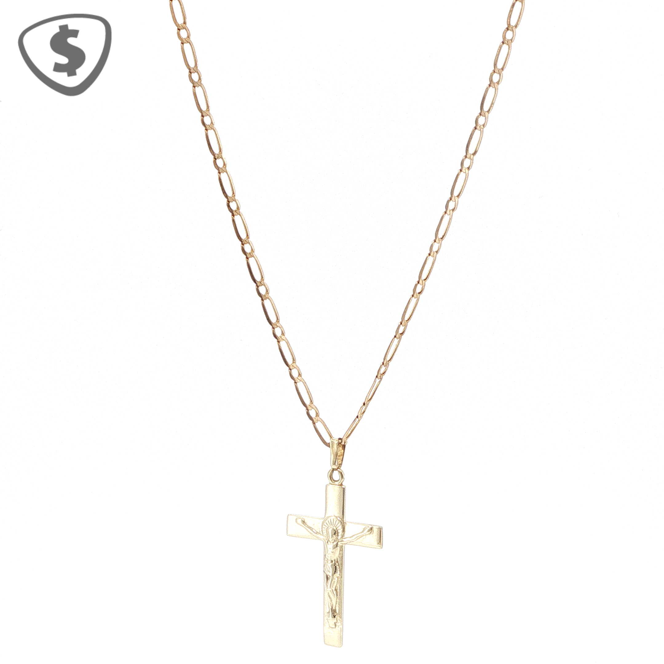 9ct Yellow Gold Crucifix Pendant on Figaro Chain