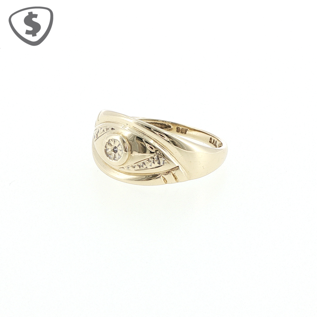 9ct Engraved Yellow Gold Diamond Signet Ring