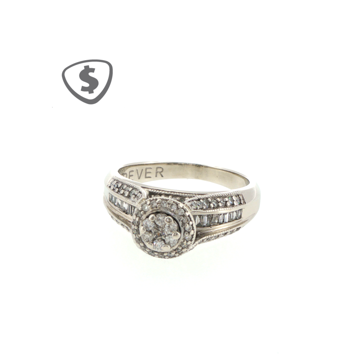 9ct White Gold Diamond Cluster Engagement Ring with Baguette Shoulders
