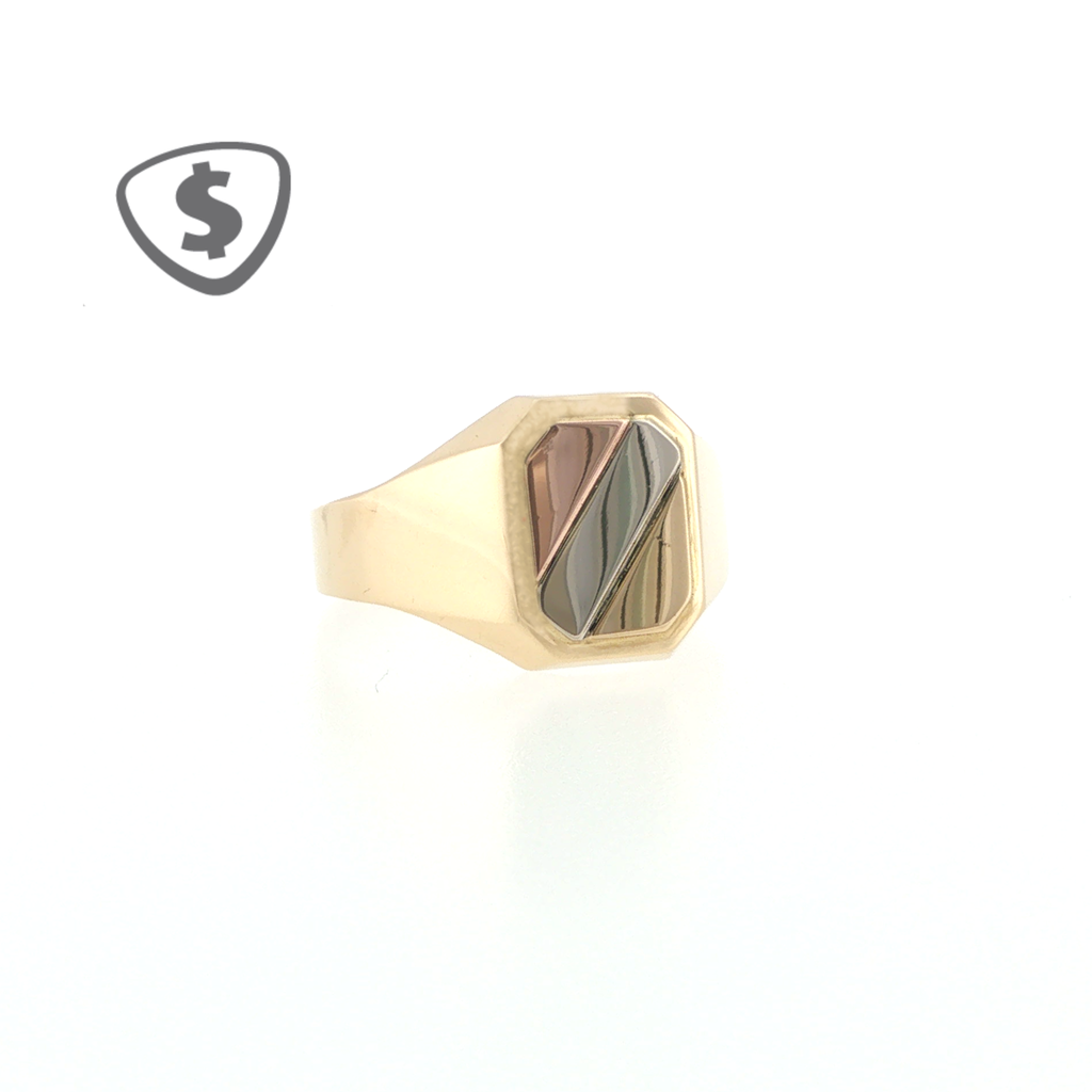 18ct Yellow Gold Tricolour Striped Octagonal Signet Ring