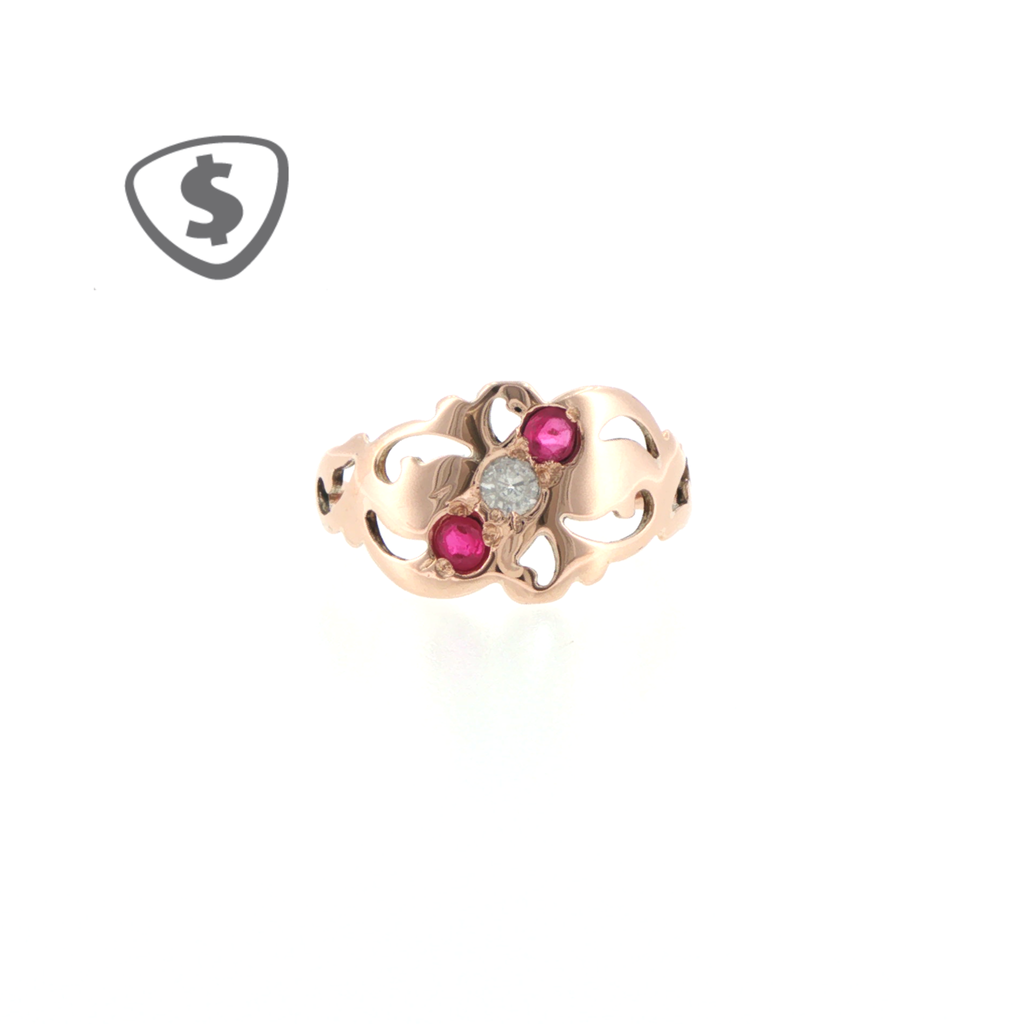 9ct Rose Gold Scrollwork Ring with Red Rubies and Cubic Zirconia