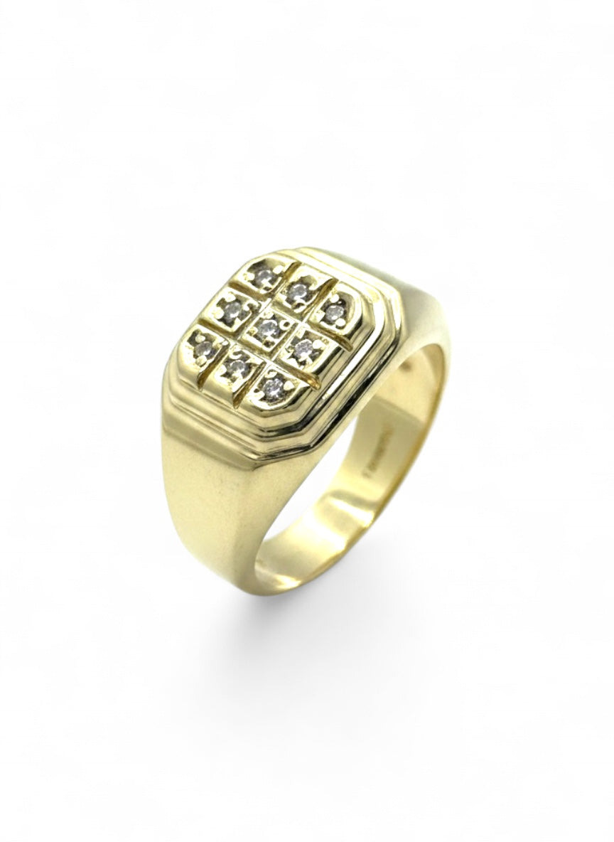 9ct Yellow Gold 9 Stone Diamond Grid Signet Ring