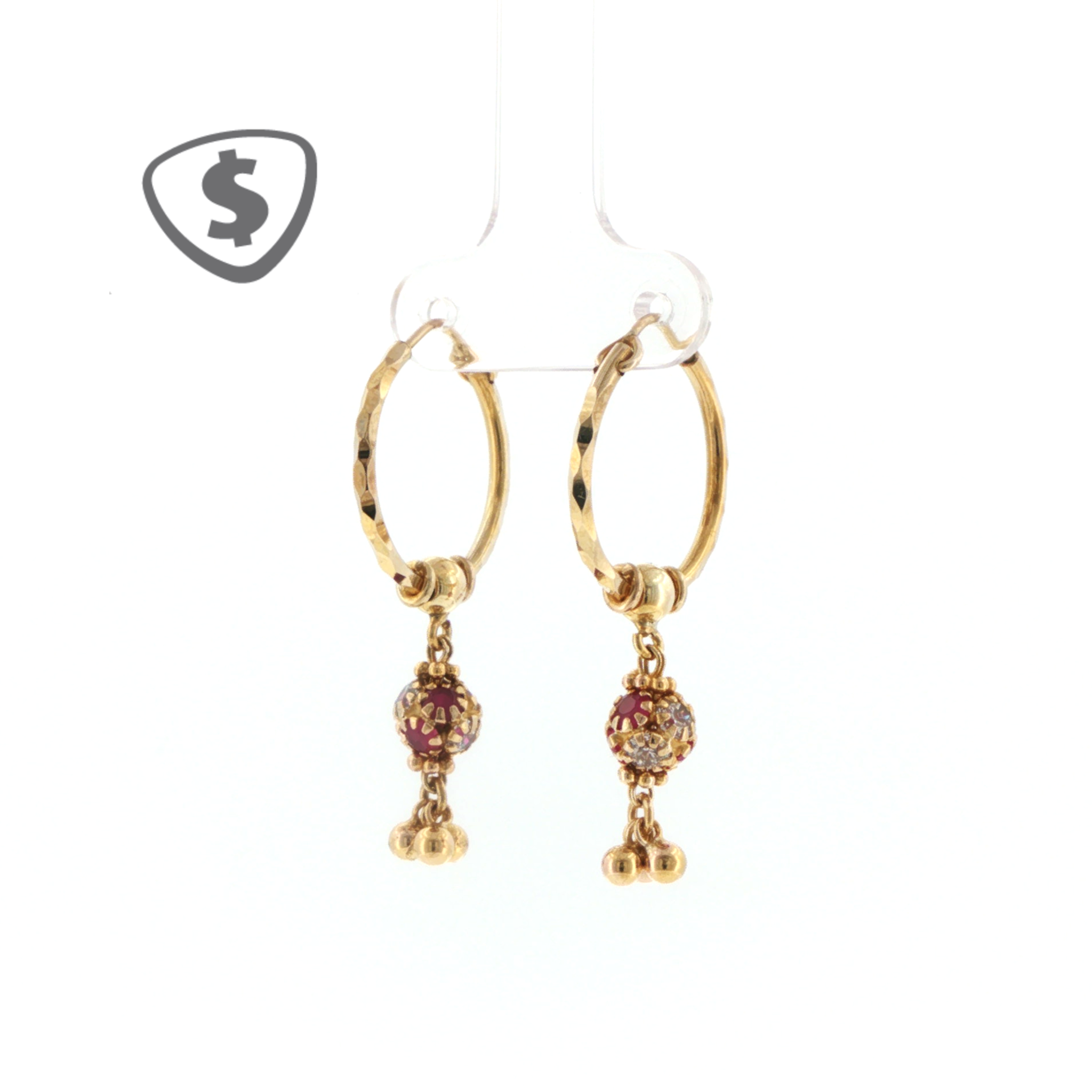 9ct Yellow Gold Textured Hoop Earrings with Ruby Drop Tassels