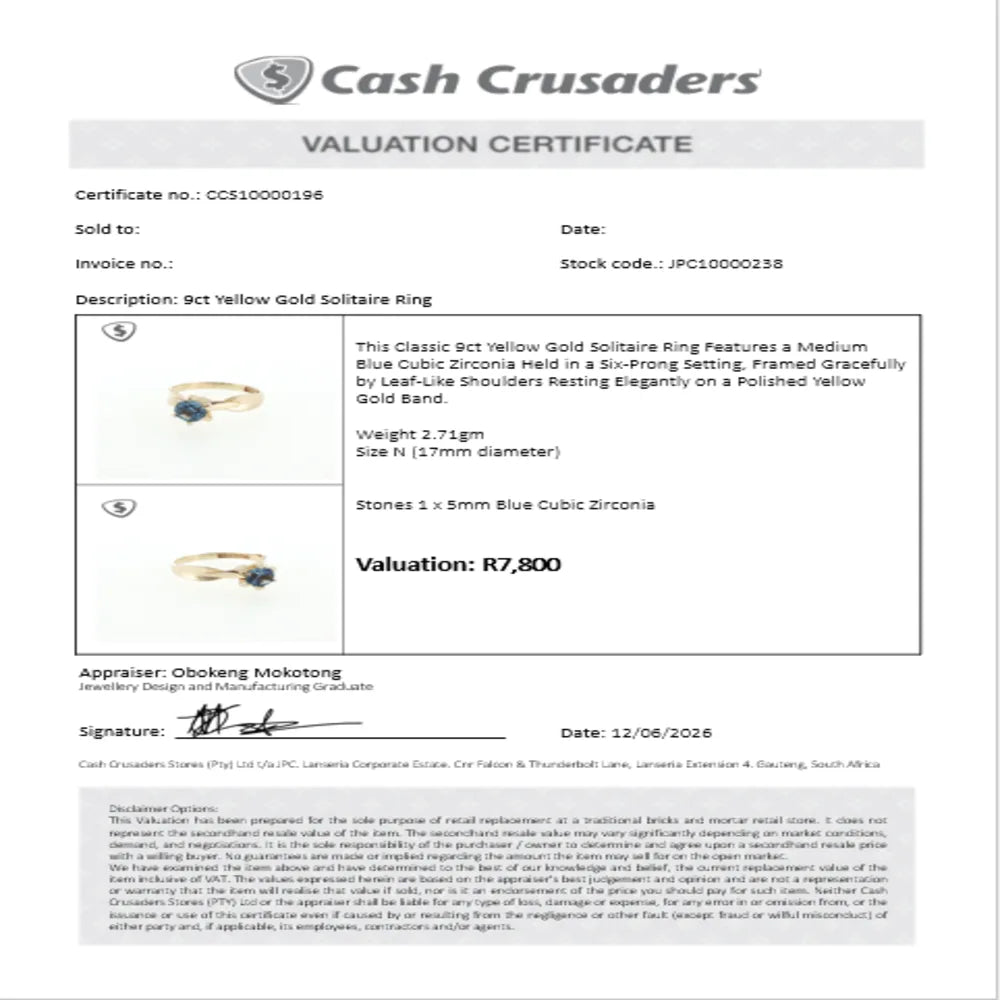 9ct Yellow Gold Solitaire Ring