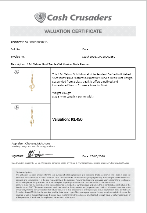 18ct Yellow Gold Treble Clef Musical Note Pendant
