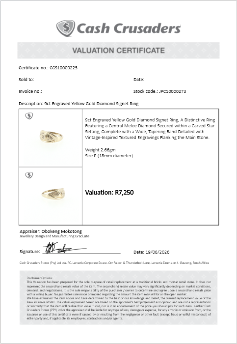 9ct Engraved Yellow Gold Diamond Signet Ring
