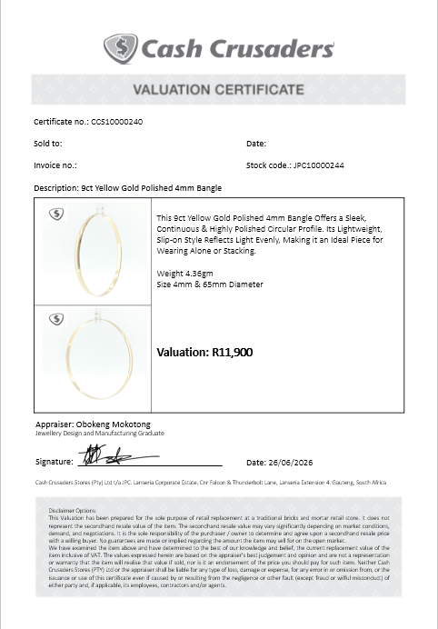 9ct Yellow Gold Polished 4mm Bangle