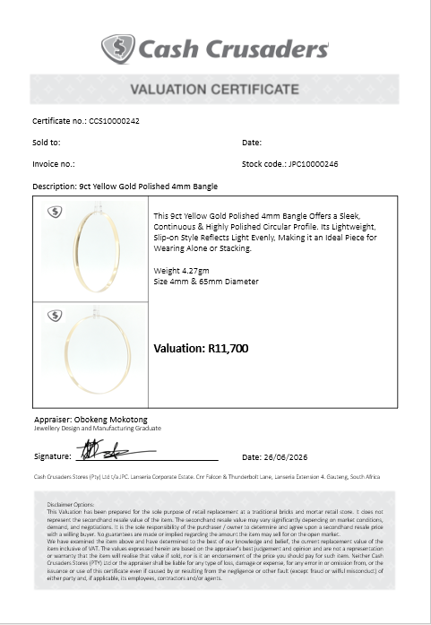 9ct Yellow Gold Polished 4mm Bangle