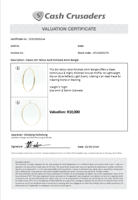 Classic 9ct Yellow Gold Polished 4mm Bangle