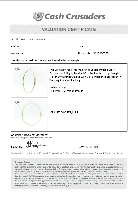 Classic 9ct Yellow Gold Polished 4mm Bangle