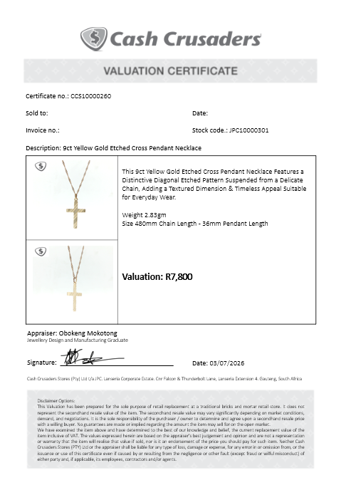 9ct Yellow Gold Etched Cross Pendant Necklace