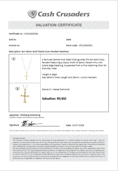 9ct Yellow Gold Flared Cross Pendant Necklace
