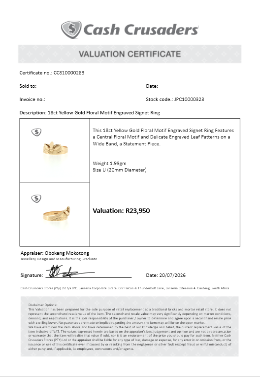 18ct Yellow Gold Floral Motif Engraved Signet Ring