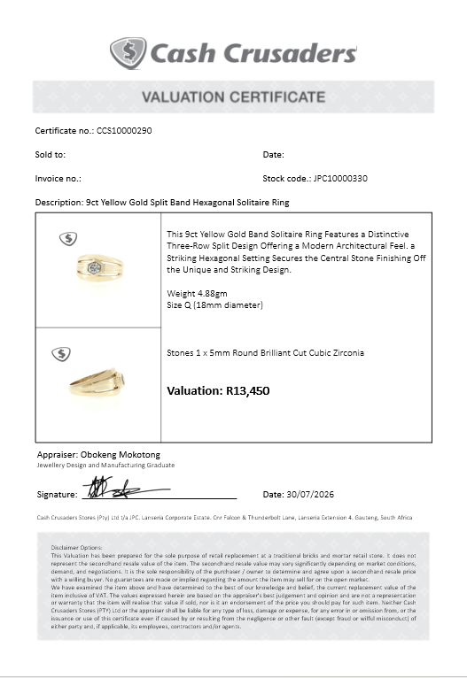 9ct Yellow Gold Split Band Hexagonal Solitaire Ring