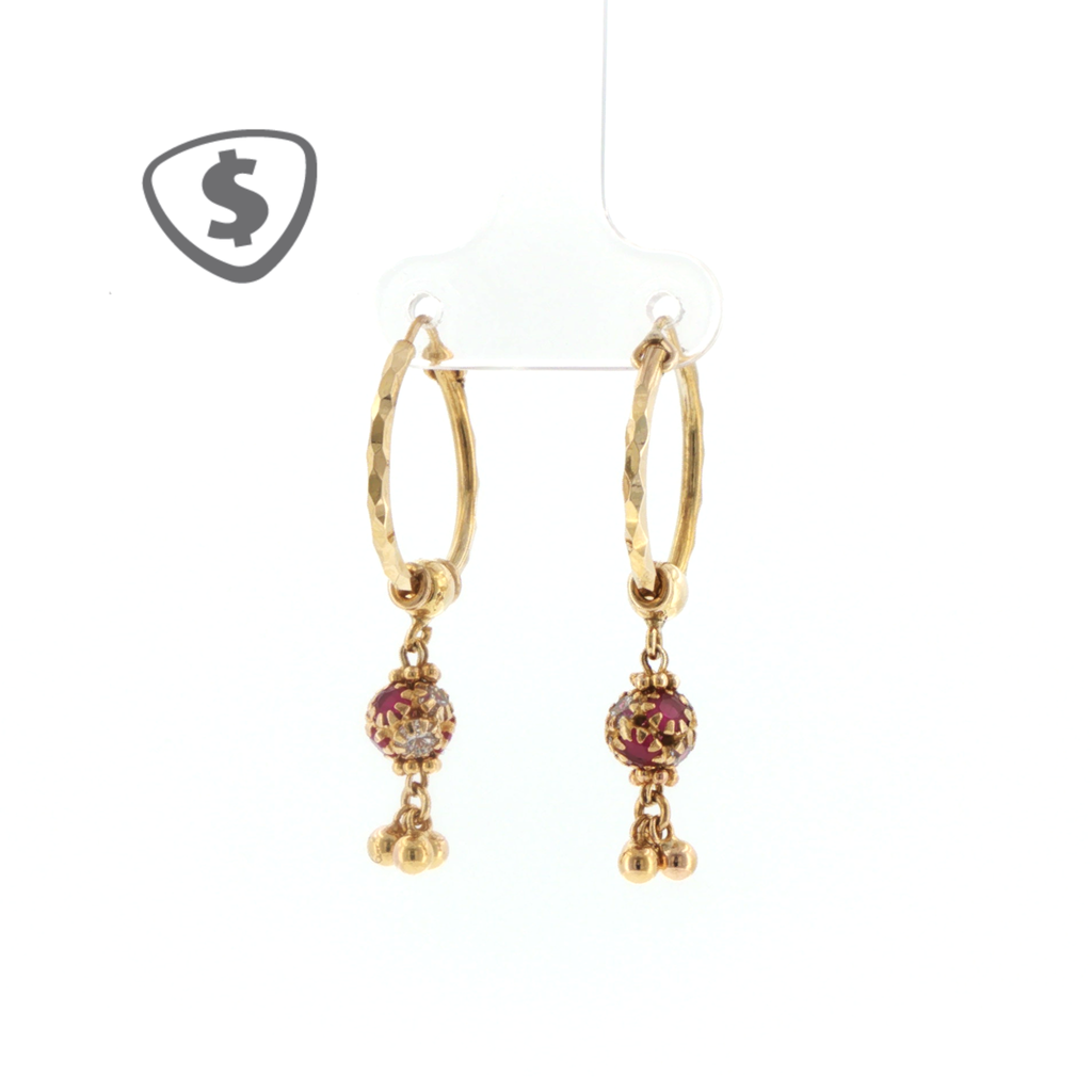 9ct Yellow Gold Textured Hoop Earrings with Ruby Drop Tassels