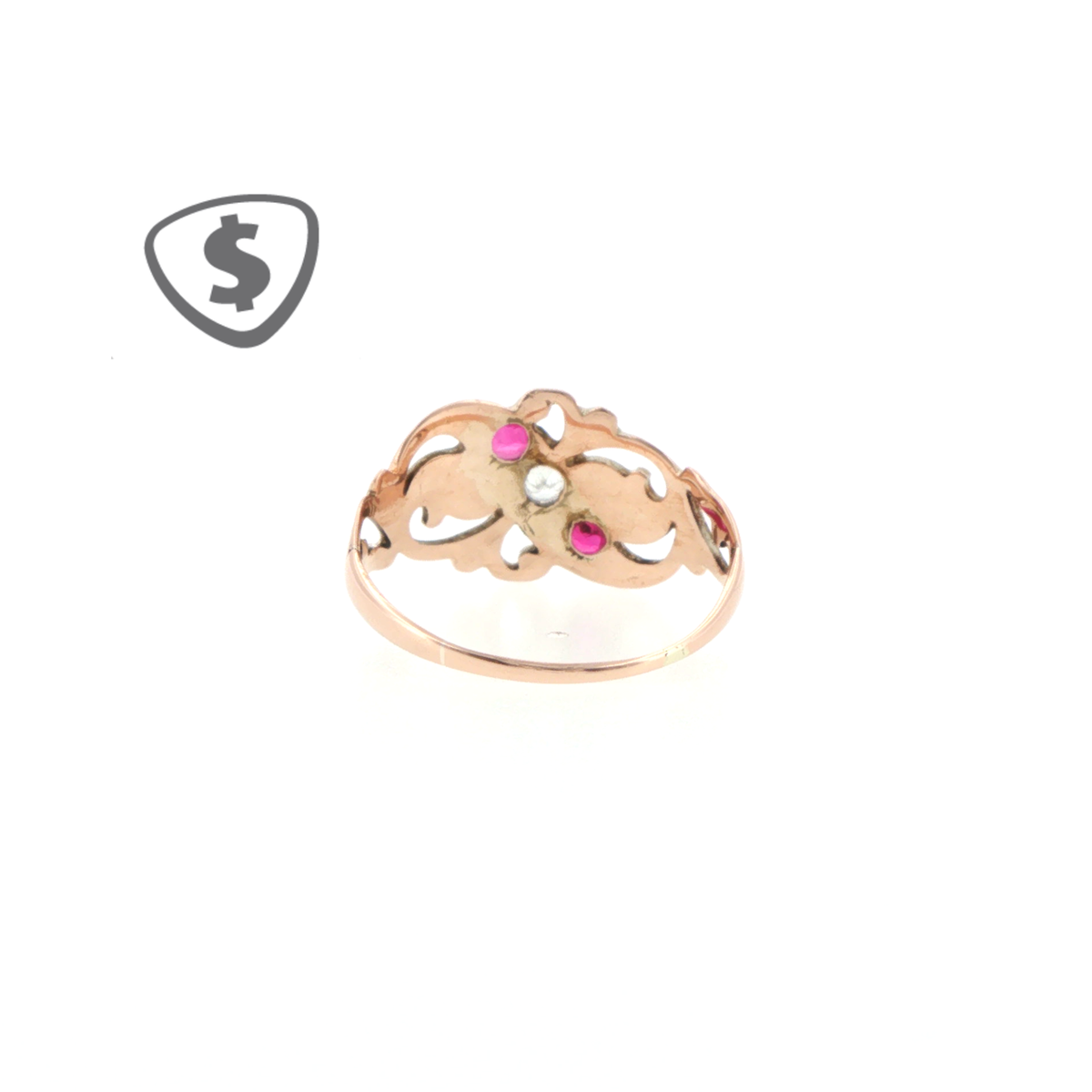 9ct Rose Gold Scrollwork Ring with Red Rubies and Cubic Zirconia