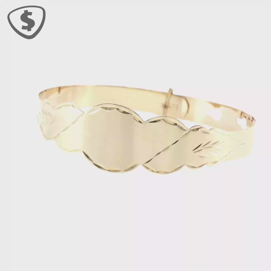 9ct Yellow Gold Engraved Leaf Motif Adjustable Baby Bangle