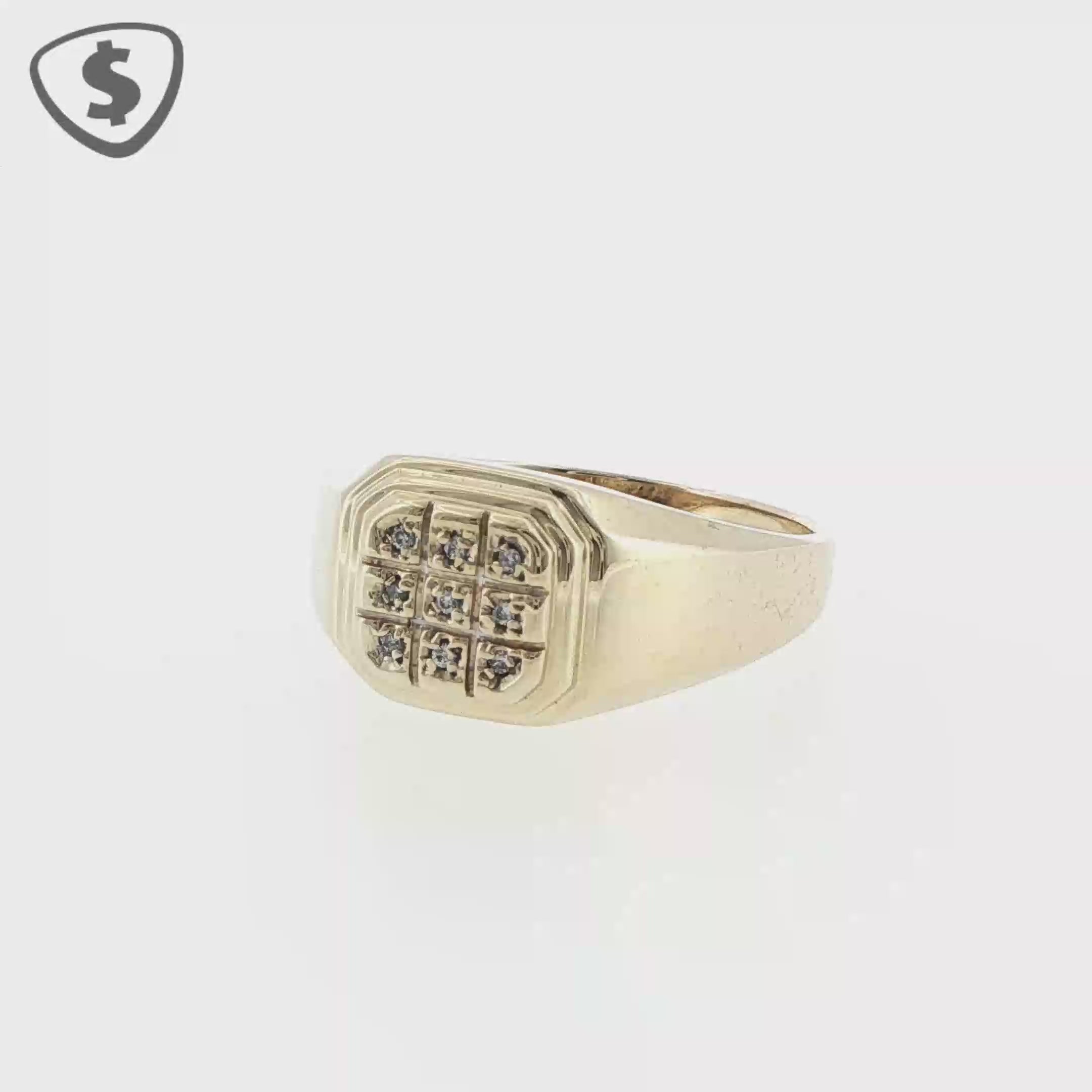 9ct Yellow Gold 9 Stone Diamond Grid Signet Ring