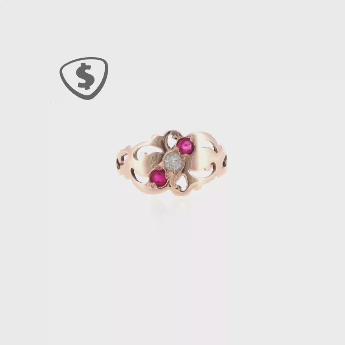 9ct Rose Gold Scrollwork Ring with Red Rubies and Cubic Zirconia