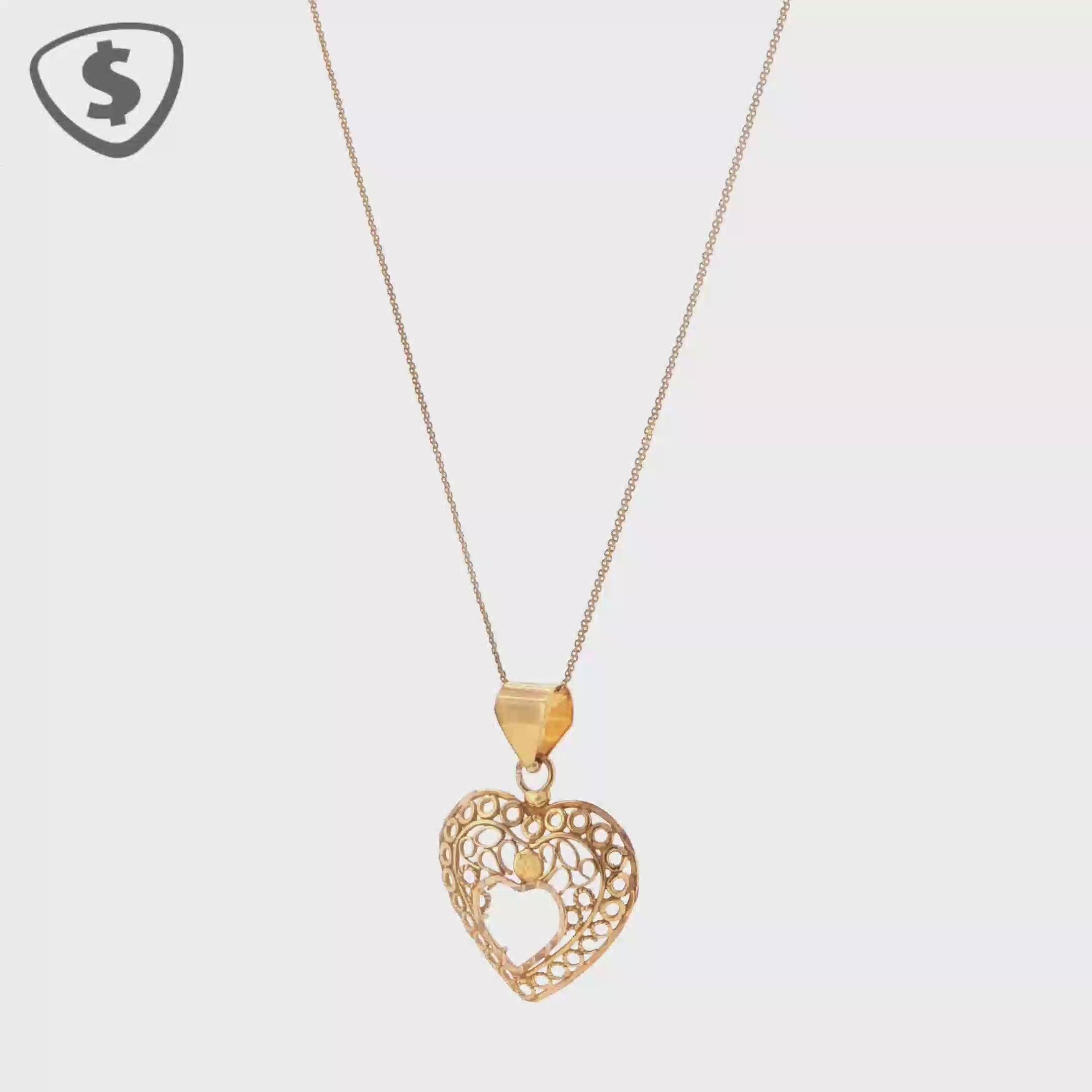 22ct Yellow Gold Filigree Heart Pendant Charm Necklace