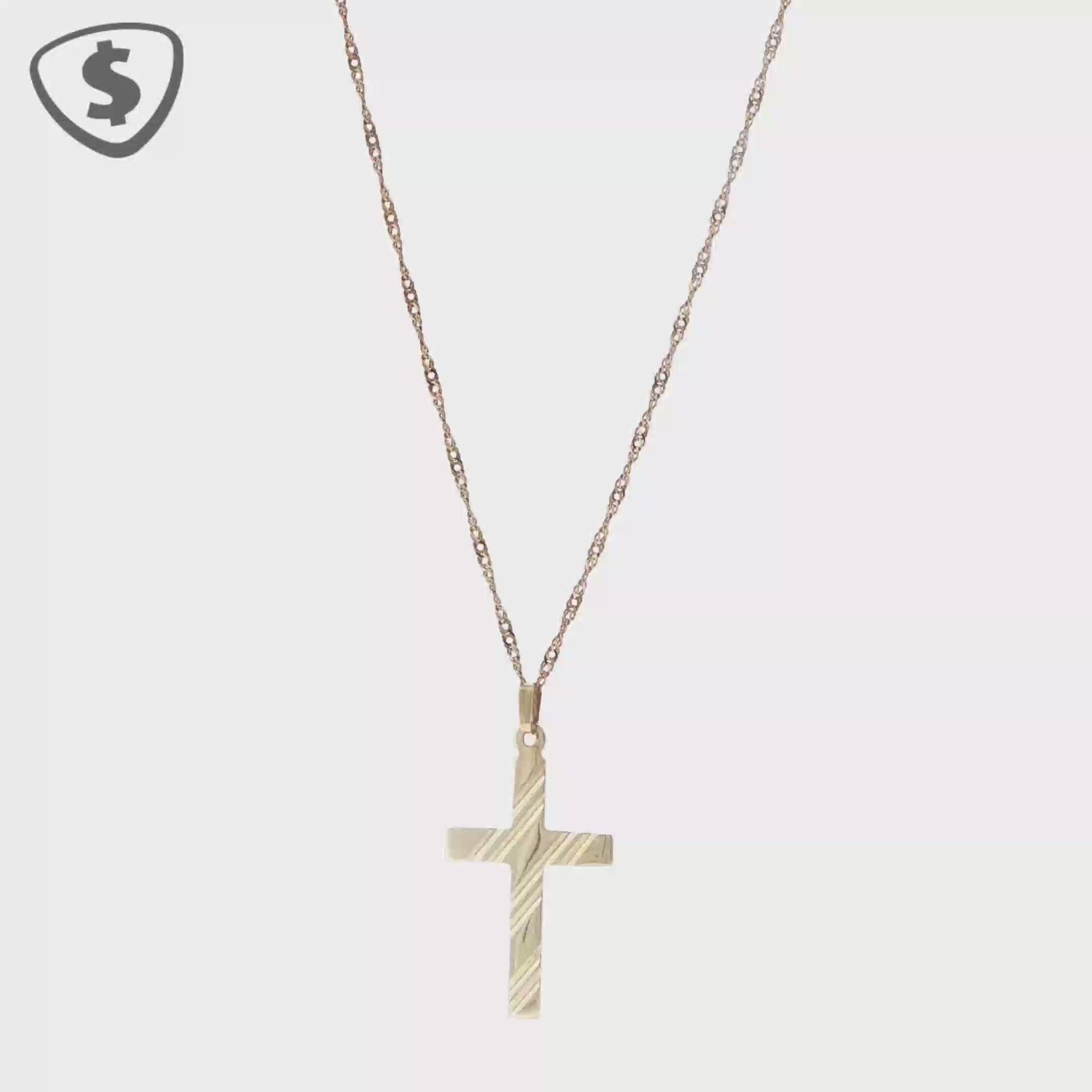9ct Yellow Gold Etched Cross Pendant Necklace