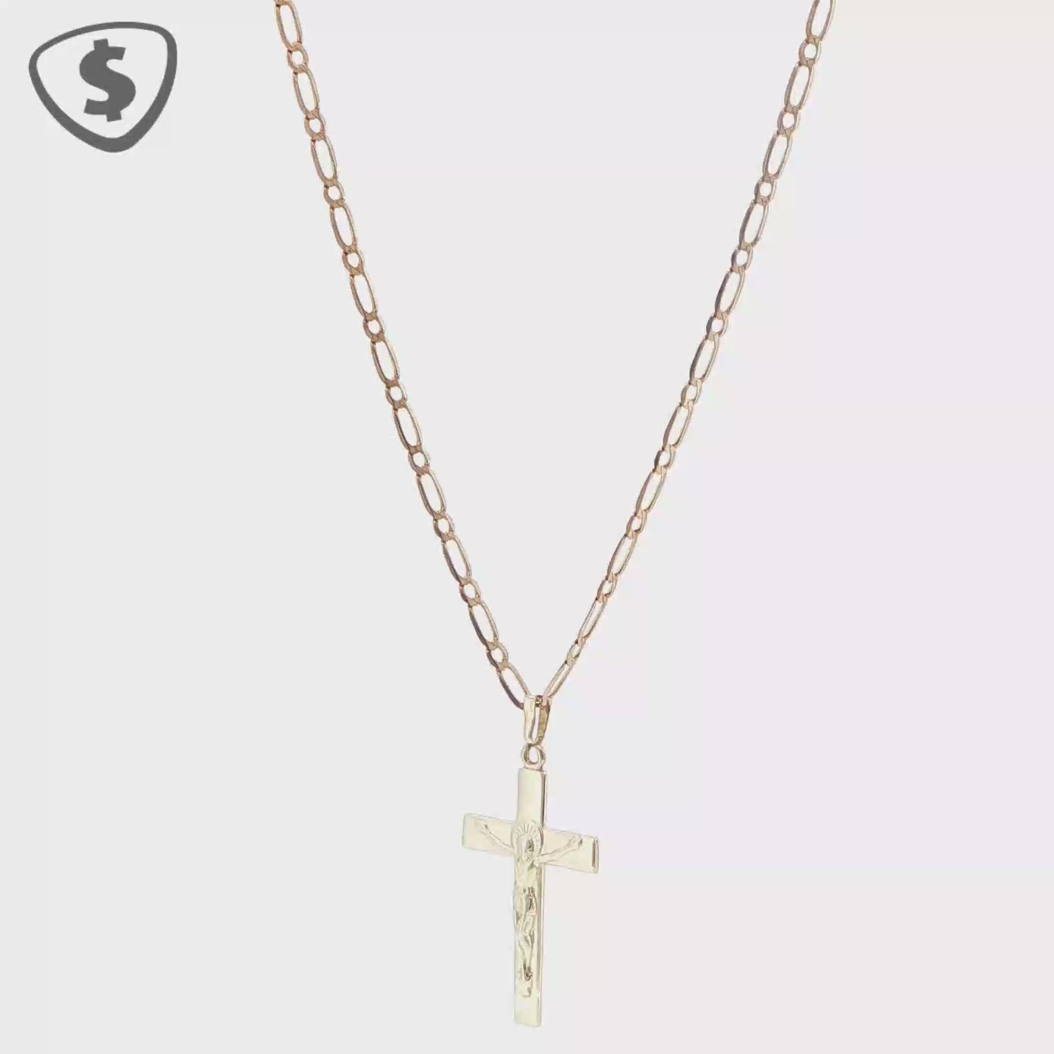 9ct Yellow Gold Crucifix Pendant on Figaro Chain