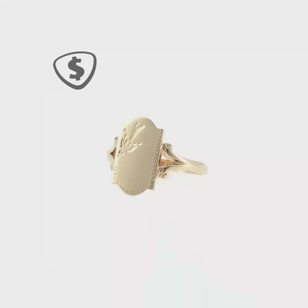 9ct Yellow Gold Floral Engraved Signet Ring with Split Shoulders