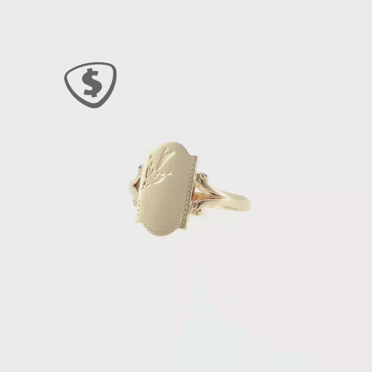 9ct Yellow Gold Floral Engraved Signet Ring with Split Shoulders