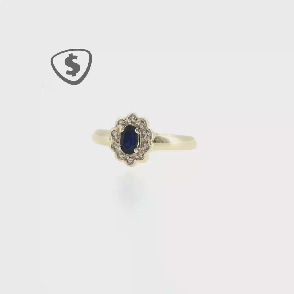 9ct Yellow Gold Royal Blue Sapphire Floral Halo Cocktail Ring