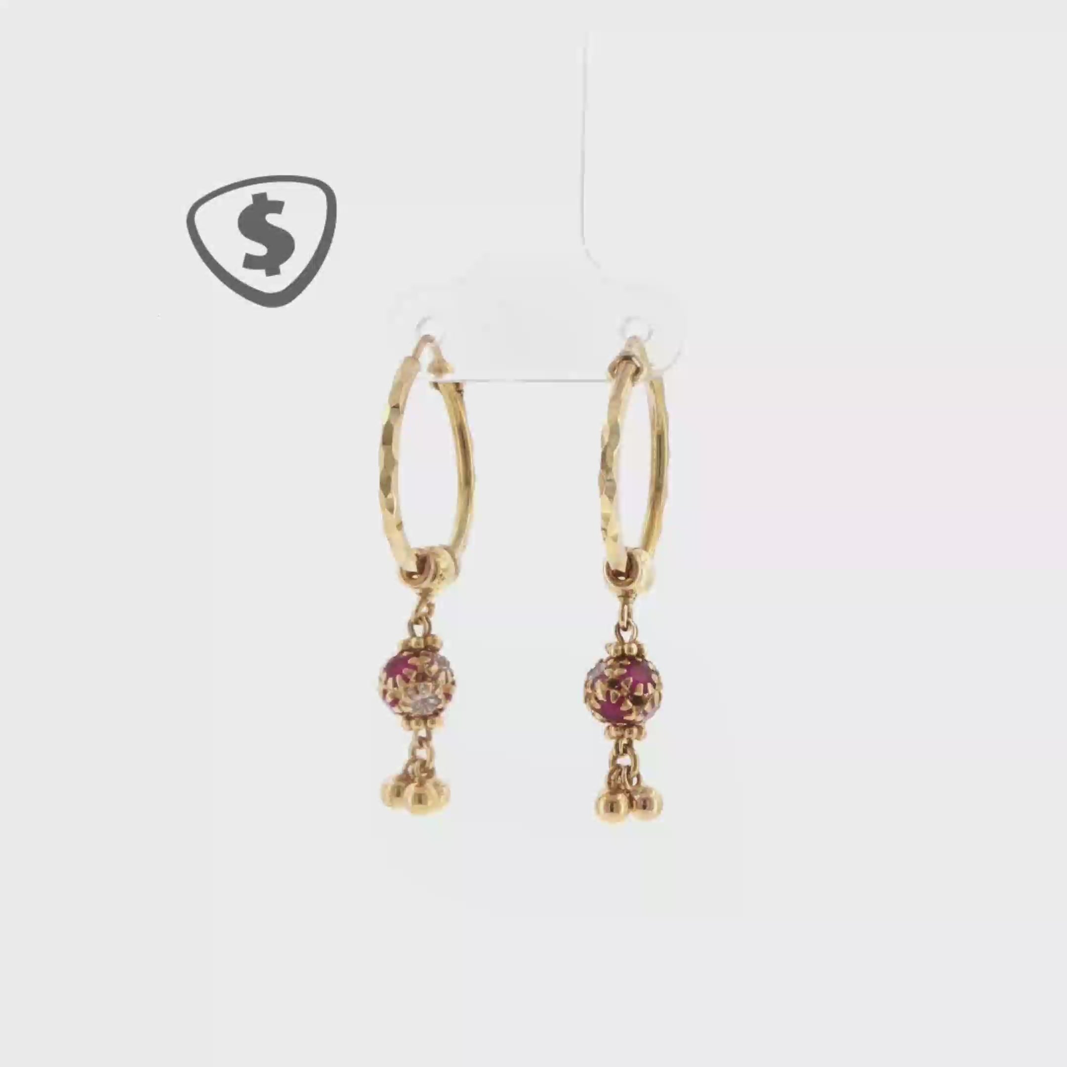 9ct Yellow Gold Textured Hoop Earrings with Ruby Drop Tassels